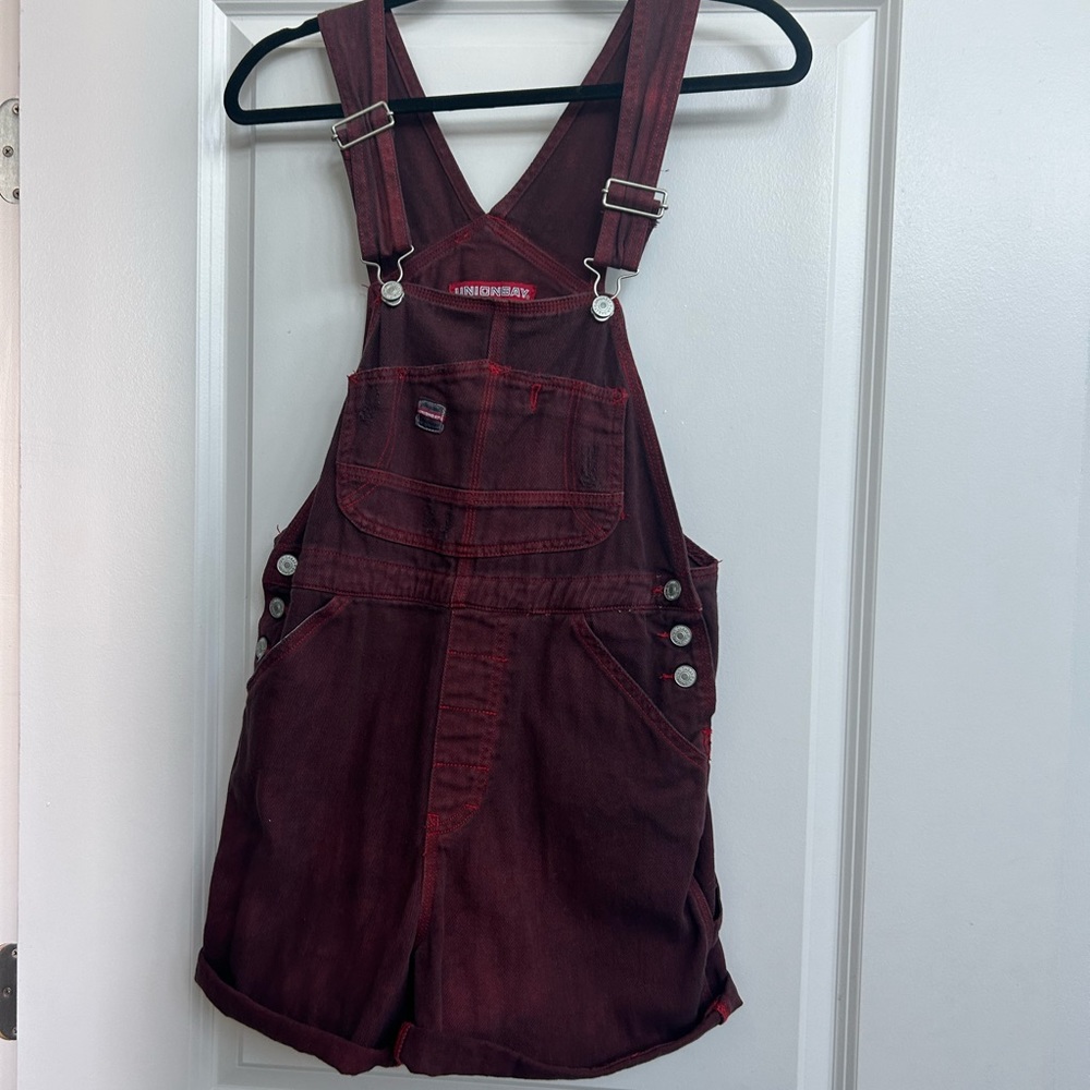 Maroon Vintage-Inspired Denim Overalls with Red Stirching by Union Bay